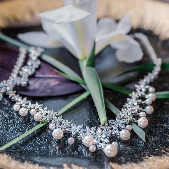 Bridal Statement Necklace & Earring Set, Cubic Zirconia and Pearl Jewelry Set - Picture 7 of 9